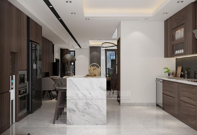 Bàn đảo bếp đá vân mây đẹp tạo nên điểm nhấn ấn tượng cho không gian bếp. Mẫu bàn đảo bếp đá biệt thự