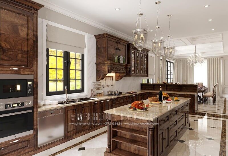Tủ bếp gỗ óc chó tân cổ điển được thiết kế từ chất liệu gỗ tự nhiên nhập khẩu dành riêng cho biệt thự, chung cư cao cấp