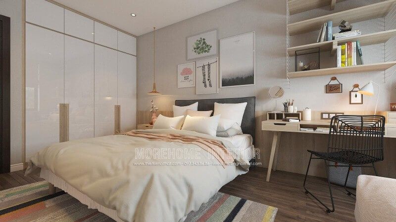 Bàn làm việc cùng kệ trang trí gỗ sồi tone sáng tạo nên góc học tập, làm việc hiện đại, trẻ trung cho phòng ngủ con gái.