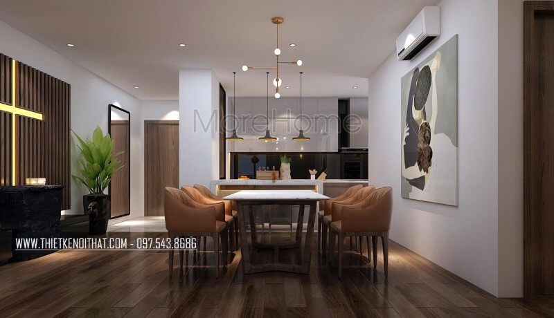 Thiết kế nội thất phòng ăn chung cư hiện đại đại, không gian phòng ăn được thiết kế liền kề không gian bếp mang lại sự tiện lợi nhất cho người sử dụng