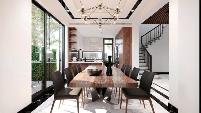 Thiết kế nội thất phòng ăn hiện đại ấn tượng với cách phối màu độc đáo giữa tone màu gỗ trầm ấm kết hợp cùng gam màu sáng từ đá lát sàn.