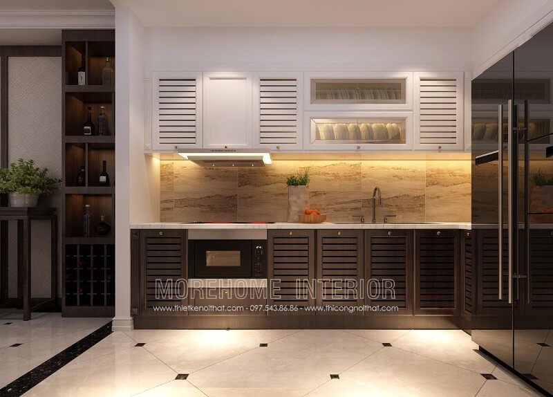 Tủ bếp chữ i với thiết kế hiện đại, đơn giản kết hợp chất liệu, màu sắc tương phản mang lại cảm giác căn hộ rộng hơn thực tế.
