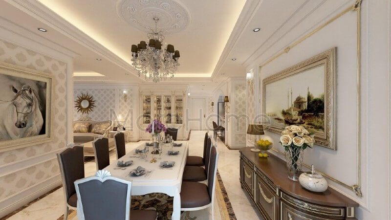 .
Sự kết hợp giữa tone màu nâu trầm và trang trí nội thất cho phòng ăn đã tạo nên một vẻ đẹp ấm áp và gần gũi cho không gian dùng bữa của gia chủ.