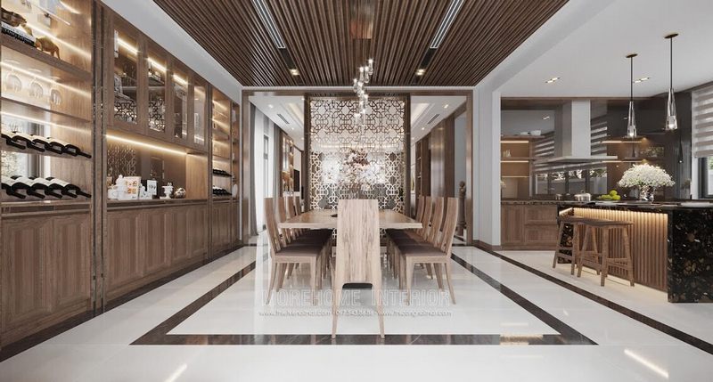Mẫu thiết kế phòng bếp đầy đẹp với tông màu gỗ óc chó cuốn cảm hứng mọi ánh nhìn.